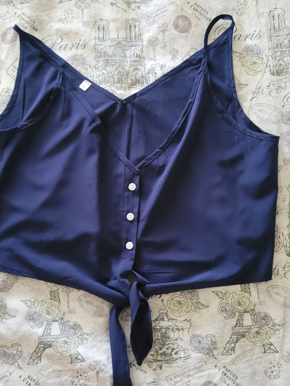 Sleeveless Navy Button-Front Tie Tank Top